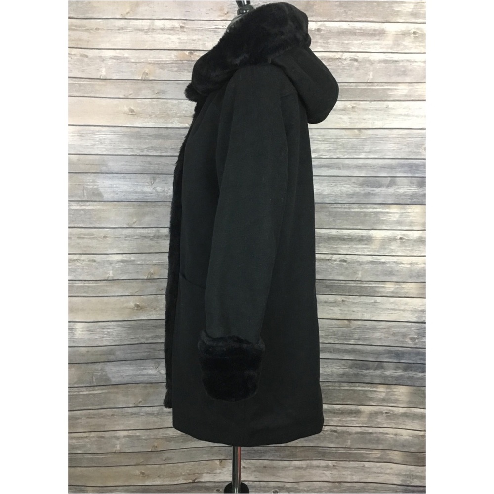 DKNY Hooded Faux Fur Wool Blend Coat - Picture 4 of 8